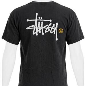 Stüssy black t-shirt with white Stüssy logo and yellow circle, size XL